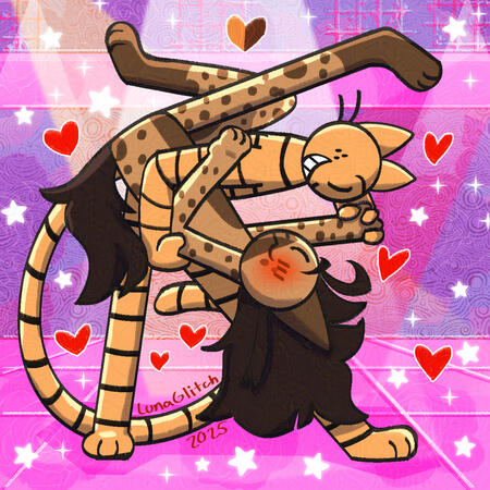 Petey, a orange cat with stripes, dipping Riot, a hyena, with their legs of the ground on the dance floor Petey, a orange cat with stripes, dipping Riot, a hyena, with their legs of the ground on the dance floor